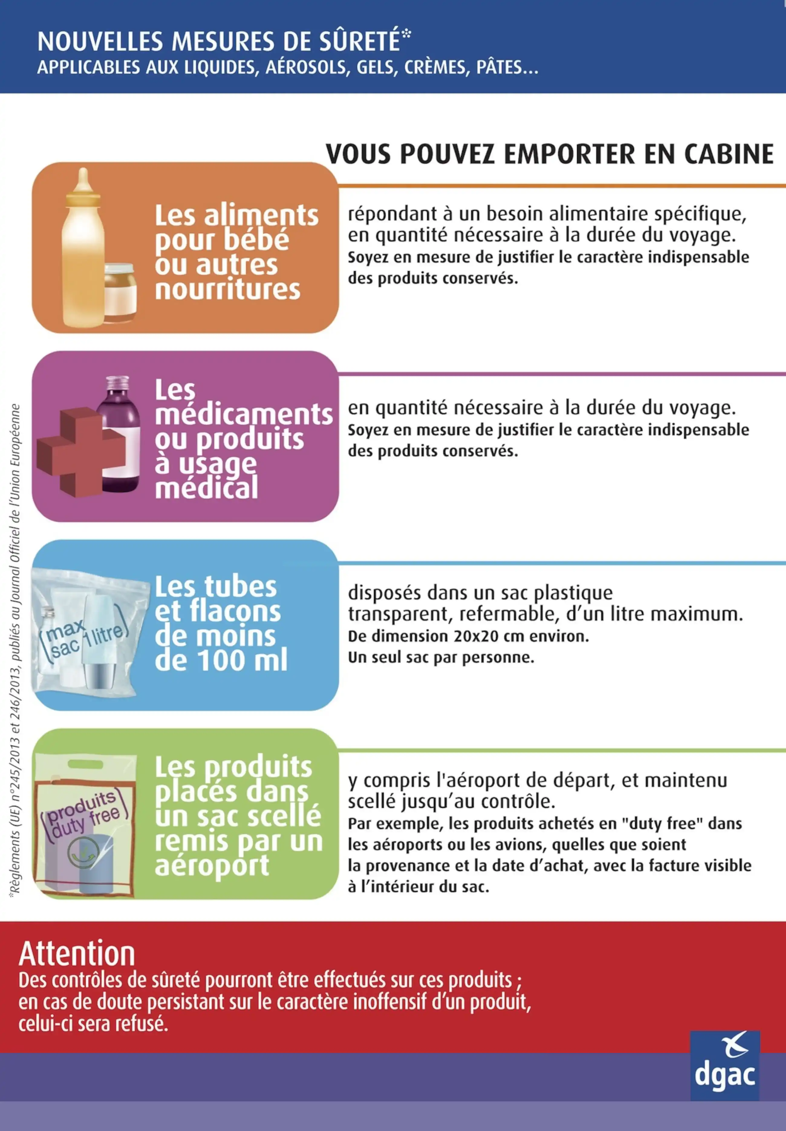Affiche DGAC — nouvelles mesures de sûreté pour les liquides, aérosols, gels, crèmes et pâtes en cabine